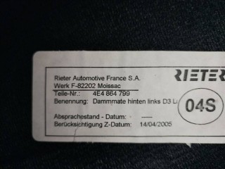Шумоизоляция двери задней левой, ориг. номер 4E4864799, Audi A8 D3/4E [2-й рестайлинг] 2007-2010