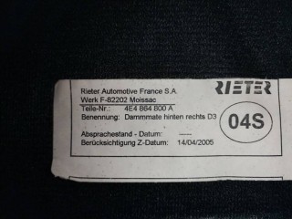 Шумоизоляция двери задней правой, ориг. номер 4E4864800A, Audi A8 D3/4E [2-й рестайлинг] 2007-2010